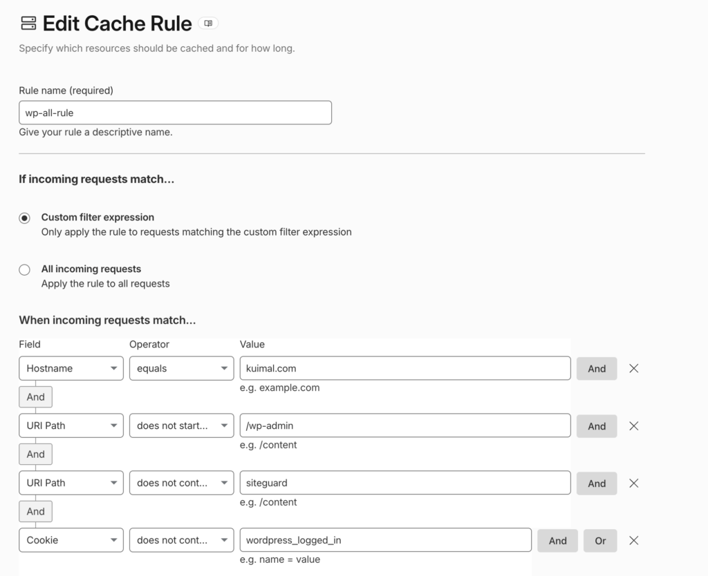 WordPressでSiteGuardの画像認証が表示されない問題をCloudflare Turnstileで解決する 3 キャッシュルールの設定
