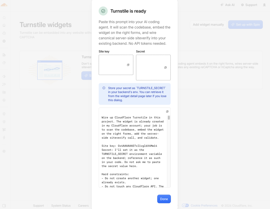 WordPressでSiteGuardの画像認証が表示されない問題をCloudflare Turnstileで解決する 4 Turnstileのキー発行
